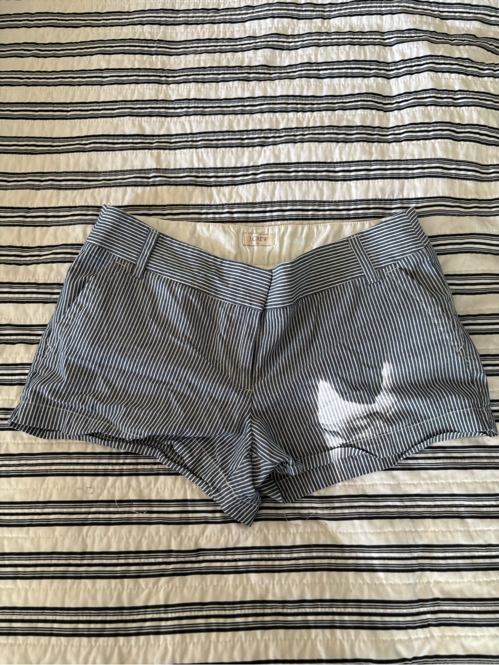 J. Crew Navy and White Pinstripe High-Waist Shorts